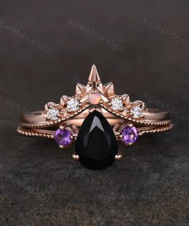Vintage black onyx engagement ring rose gold art deco curved stacking band amethyst ring pear shaped bridal set unique wedding ring set