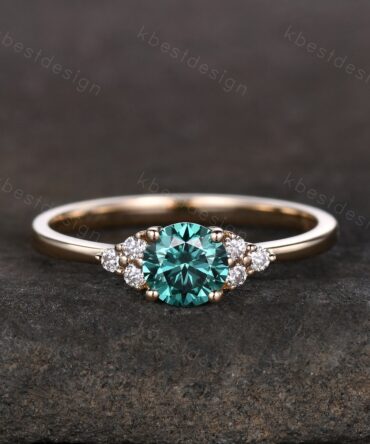 Round Green Moissanite engagement ring vintage unique Cluster yellow gold engagement ring women wedding Bridal art deco Anniversary ring