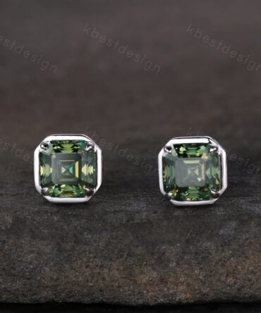 Green Moissanite Earrings / 14k Gold Moissanite Stud Earrings / Prong Setting Moissanite Studs / Asscher Moissanite Stud Earrings