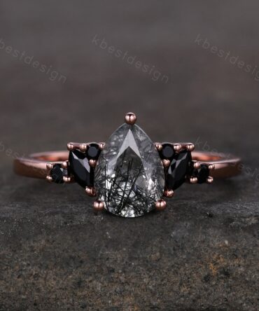 Pear Shaped Natural Black Rutilated Quartz Engagement Ring Unique Black Spinel Ring Rose Gold Marquise cut Cluster Ring Promise Ring