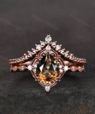 Vintage smoky quartz engagement ring rose gold ring art deco curved stacking band pear cut bridal set unique moissanite wedding set