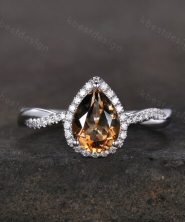 Vintage Pear shaped Smoky quartz engagement ring art deco ring silver ring twisted Moissanite wedding Anniversary Bridal ring Platinum ring