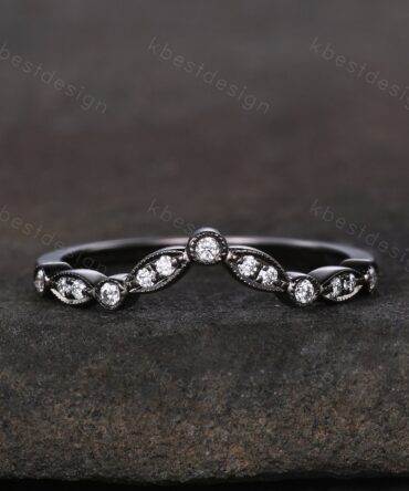 Curved Moissanite wedding band silver black gold wedding band Unique art deco stacking matching band Anniversary ring Women gift
