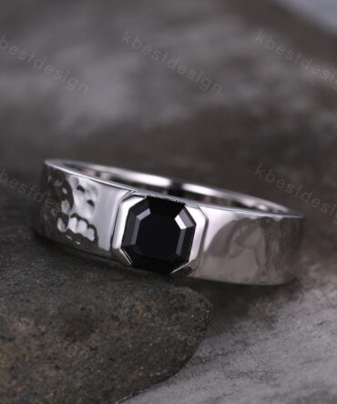 Mens Black Moissanite Wedding Band Asscher Cut Moissanite Band 5mm White Gold Ring Mens Hammered Stacking Matching Band Retro Vintage Ring