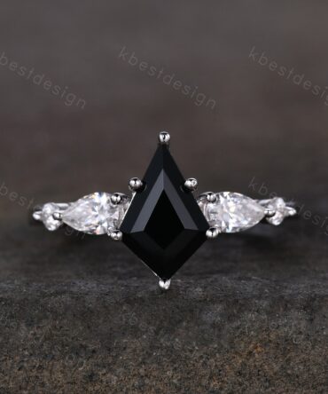 Vintage kite cut black onyx engagement ring 14k white gold pear cut moissanite ring for women unique bridal promise ring Platinum ring
