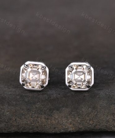 Champagne Moissanite Earrings, Studs for women, Silver Stud earrings, Asscher Moissanite Studs, Anniversary Gift, Everyday Jewelry