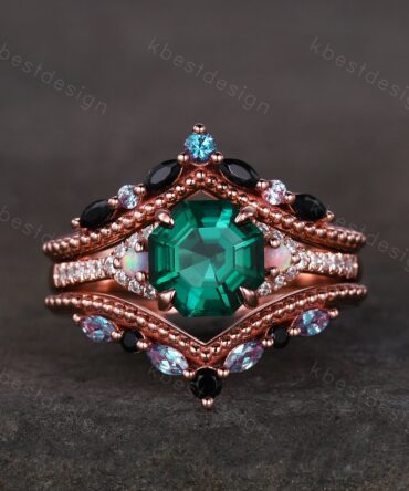 Vintage Green Emerald Engagement Ring Set Unique Octagon cut Ring Art Deco Alexandrite Double Curved Band Multi stone Bridal Promise Set