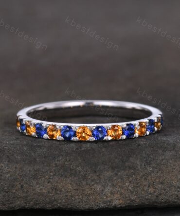 2mm Sapphire and Citrine Ring, Half Eternity Sapphire Wedding Band, Silver Citrine Wedding Ring, Unique Stacking Matching Band, Aniversary