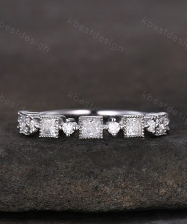 Princess cut Moissanite Wedding Band Unique Half Eternity Stacking Band Silver Moissanite Ring Women Matching Band Promise Anniversary Ring