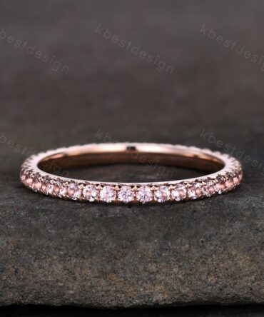 1.5mm Pink Morganite Wedding Band Delicate Rose Gold Eternity Band Mirco Pave Band for Women Minimalist Bridal Matching Stackable band