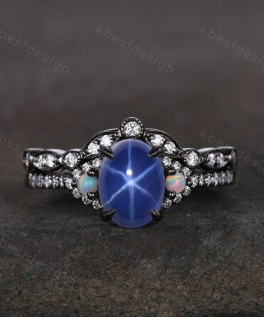 Gothic Black Gold Star Sapphire Engagement Ring Set, Black Gold Ring, Art Deco Oval Cut Bridal Set, Unique Rhodium Black Moissanite Ring