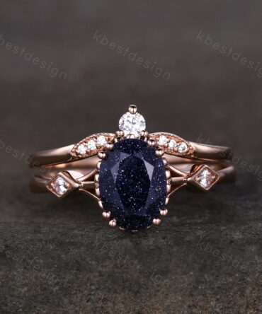 Vintage Blue Sandstone Engagement Ring Set Oval cut Engagement Ring Unique Art Deco Moissanite Stacking Matching Band Bridal Promise Set