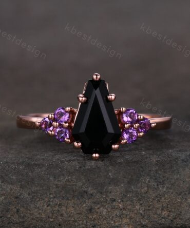Black Onyx Engagement Ring Rose gold ring Vintage coffin shaped ring Unique Amethyst cluster wedding ring Promise anniversary ring