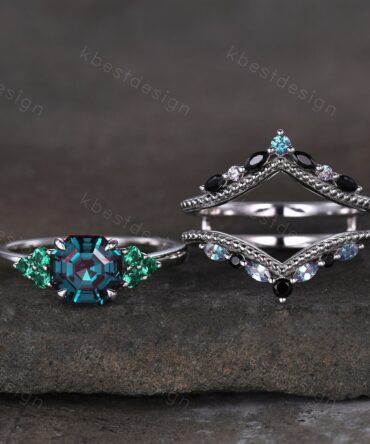 Antique Alexandrite Engagement Ring Set Asscher cut Engagement Ring Unique Art Deco Black Spinel Stacking Matching Band Bridal Promise Set
