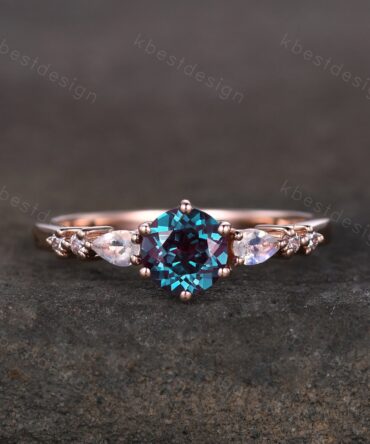 5mm round cut Alexandrite engagement ring rose gold ring unique pear shaped moonstone wedding ring June Birthstone ring promise ring