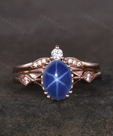 Vintage Lindy Star Sapphire Ring Rose Gold Oval Engagement Ring Unique Art Deco Moissanite Stacking Matching Band Bridal Promise Ring