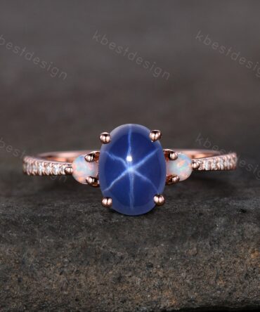 Star Sapphire Engagement Ring Oval Cut Galaxy Crystal Engagement Ring Rose Gold Opal Three stone Ring Unique Promise Ring September Ring