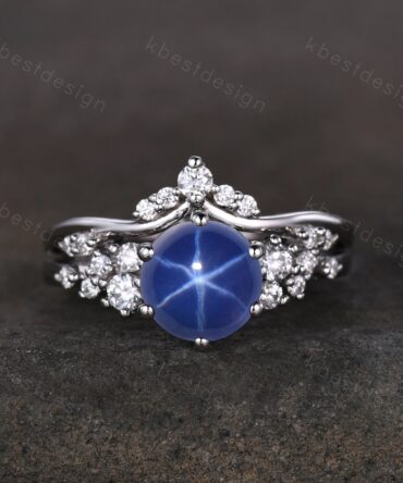 Unique Round Star Sapphire Engagement Ring set Women Sapphire Wedding Ring Cluster Blue Sapphire Ring Bridal Moissanite Wedding Ring