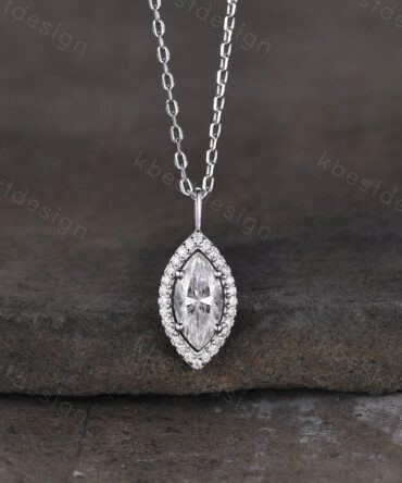 Unique marquise cut Moissanite necklace white gold halo moissanite diamond necklace pendant women bridal anniversary gift