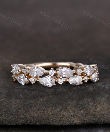 Unique Moissanite wedding band women Pear cut Half eternity band Yellow gold wedding band vintage twisted Stacking bridal ring promise ring