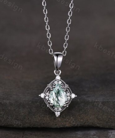 Pear cut natural moss agate necklace women sterling silver necklace pear cut green agate pendant unique art deco bridal promise gift