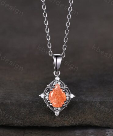 Pear cut Sunstone Necklace Antique Art Deco Moissanite Pendant Necklace 14K White Gold Necklace for Women Birthday/Promise Gift for Her