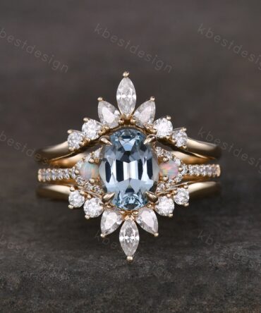 Vintage Aquamarine Engagement Ring Set Oval cut Engagement Ring Unique Art Deco Moissanite Stacking Matching Band Bridal Promise Set