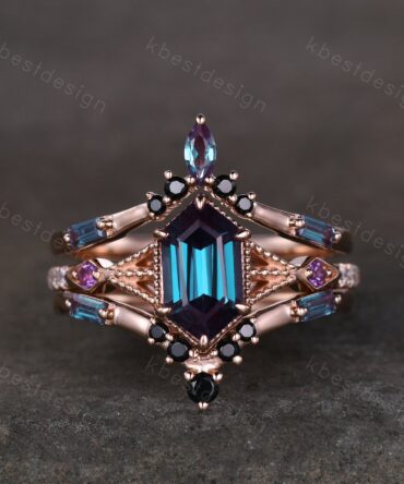 Antique Alexandrite Engagement Ring Set Hexagon cut Engagement Ring Unique Art Deco Black Spinel Stacking Matching Band Bridal Promise Set