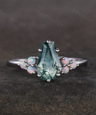 Natural Moss Agate Engagement Ring Sterling silver ring Vintage coffin shaped ring Unique Opal cluster wedding ring Promise anniversary ring