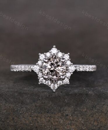 Dainty Salt and pepper diamond engagement ring unique diamond halo engagement ring art deco Bridal Wedding anniversary gift for women