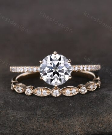 1.2ct round cut Moissanite engagement ring 14k yellow gold solitaire engagement ring art deco stacking matching band unique wedding ring set