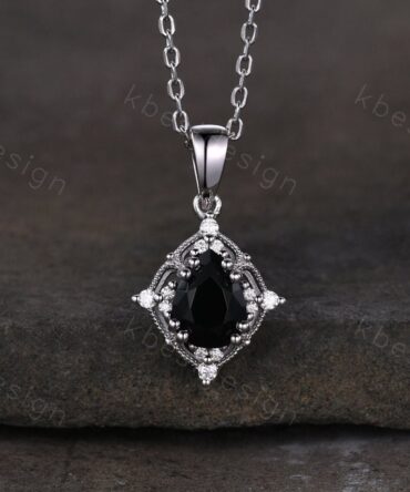 Vintage black onyx necklace sterling silver necklace art deco Personalized pendant for women unique moissanite promise anniversary gift