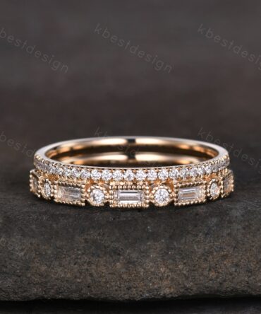 Vintage Moissanite wedding band women Baguette cut Half eternity band Yellow gold wedding band Unique Stacking Matching bridal promise ring