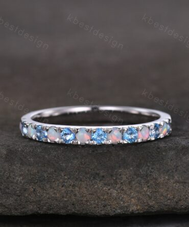 2mm Blue Topaz Wedding Band Sterling Silver Half Eternity Stacking Band Opal Wedding Band Women Matching Band Promise Anniversary Ring