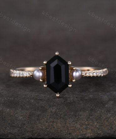 Retro vintage black onyx ring solid gold hexagon cut engagement ring unique pearl three stone ring unique black gemstone promise gift