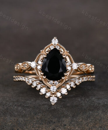 Vintage black onyx engagement ring 14k yellow gold ring art deco curved stacking band pear shaped bridal set unique moissanite wedding set