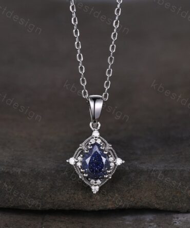 Antique Blue Sandstone Necklace Vintage Pear cut Galaxy Sandstone Pendant Women Silver Necklace Unique Moissanite Pendant Anniversary Gift