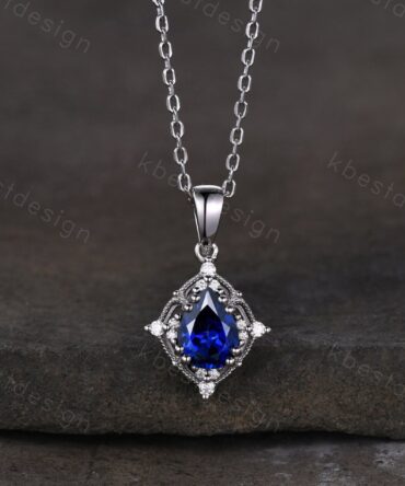 Pear cut Blue Sapphire Necklace Antique Art Deco Moissanite Pendant Necklace 14K White Gold Necklace for Women September Birthstone Jewelry