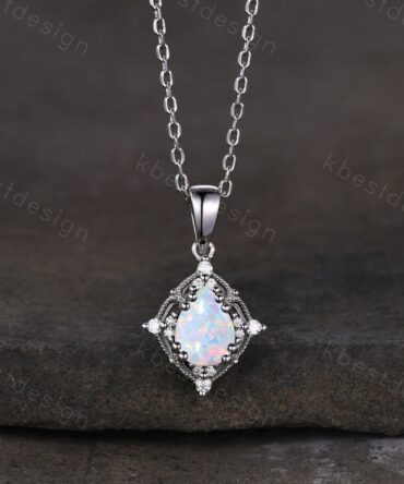 1.5CT White Fire Opal Necklace, Silver Pear cut Opal Pendant, October Birthstone Jewelry, Unique Opal Moissanite Pendant, Gift for Her