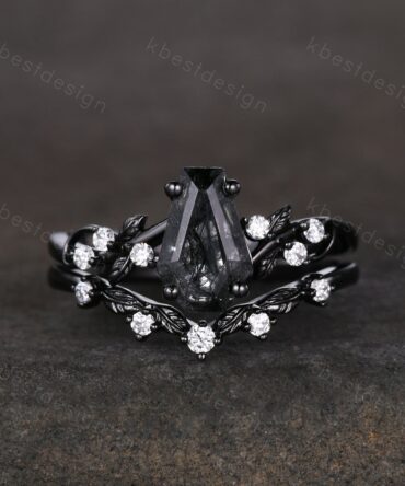 Gothic Black Gold Black Rutilated Quartz Engagement Ring Art Deco Branch Design Leaf Wedding Ring Coffin cut Ring Unique Moissanite Ring Set