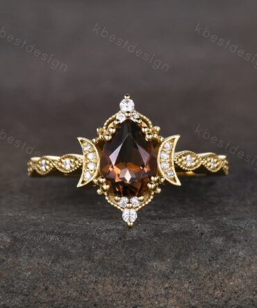 Vintage Smoky Quartz Engagement Ring Yellow Gold Pear cut Brown Quartz Ring Unique Moon Goddess Ring Art Deco Moissanite Bridal Promise Ring
