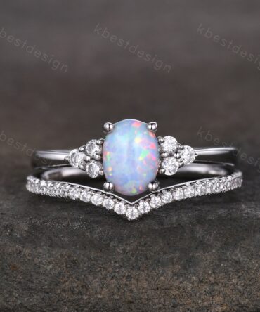 Dainty opal engagement ring set oval cut white fire opal bridal ring set curve stacking band opal jewelry unique moissanite wedding ring set