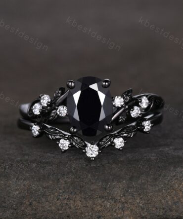 Gothic Black Gold Black Onyx Engagement Ring Set Twig Leaf Nature Inspired Rings Unique Rhodium Black Witchy Ring Oval Cut Bridal Ring Set