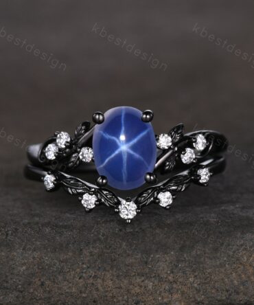Star Sapphire Engagement Ring Set Oval Cut Galaxy Crystal Engagement Ring Black Gold Leaf Moissanite Ring Unique Promise Ring September Ring