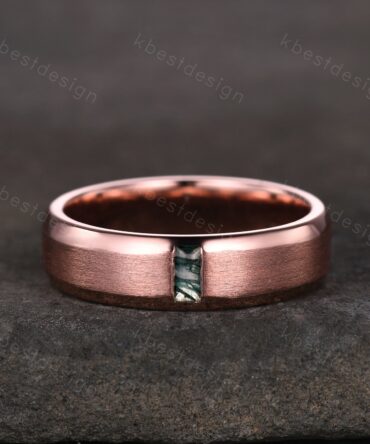 Mens Green Moss Agate Wedding Band, Bauette cut Bar Setting Green Moss Agate Mens Wedding Band, Solid Gold 10k/14k/18k Wedding Ring