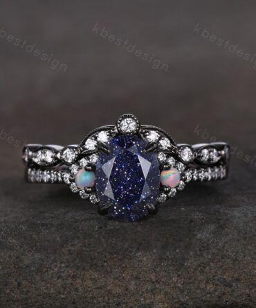 Vintage Blue Sandstone Engagement Ring set Unique Black Gold Oval cut Bridal set Art deco wedding band moissanite promise anniversary rings