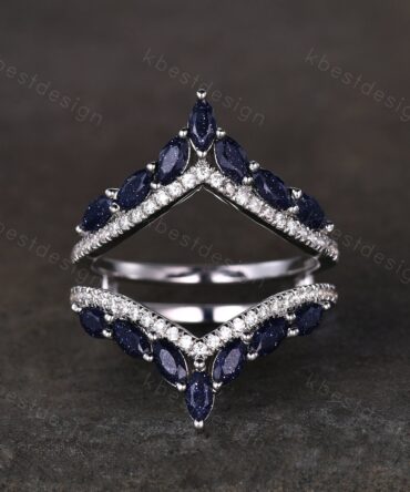 Vintage curved Blue Sandstone wedding band unique double curve stacking band marquise cut enhancer matching band Unique bridal promise gift