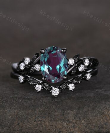 Vintage oval Alexandrite engagement ring set black gold twig leaf moissanite ring June birthstone unique art deco bridal wedding ring set