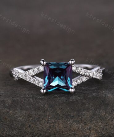 6mm Princess cut Alexandrite engagement ring Silver color changing alexandrite ring unique twist band square ring bridal promise ring