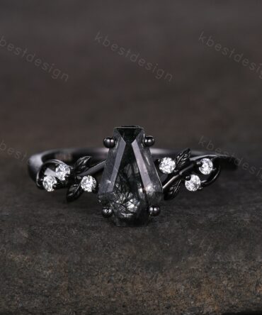 Coffin cut black rutilated quartz engagement ring Gothic Black gold ring Art deco leaf design moissanite Bridal ring Unique twist ring